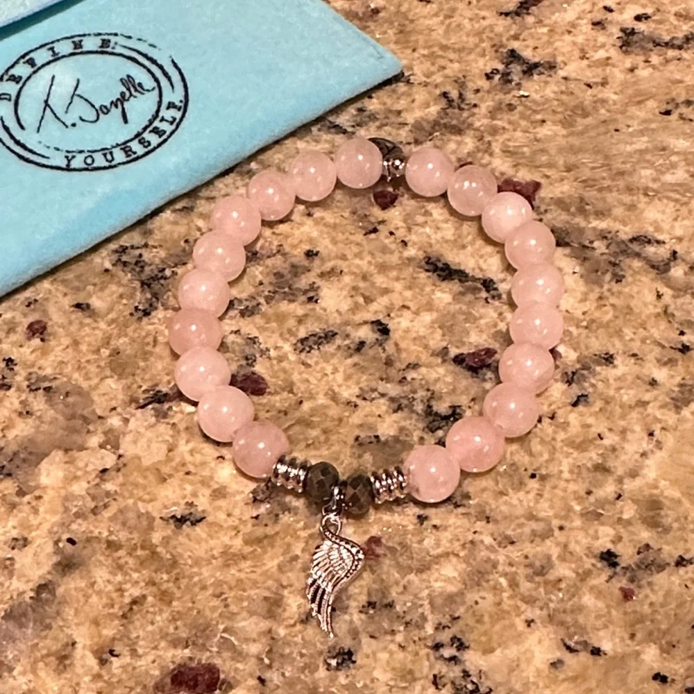 T. Jazelle Rose Quartz 8mm Stone Bracelet with Silver Angel Blessings Charm